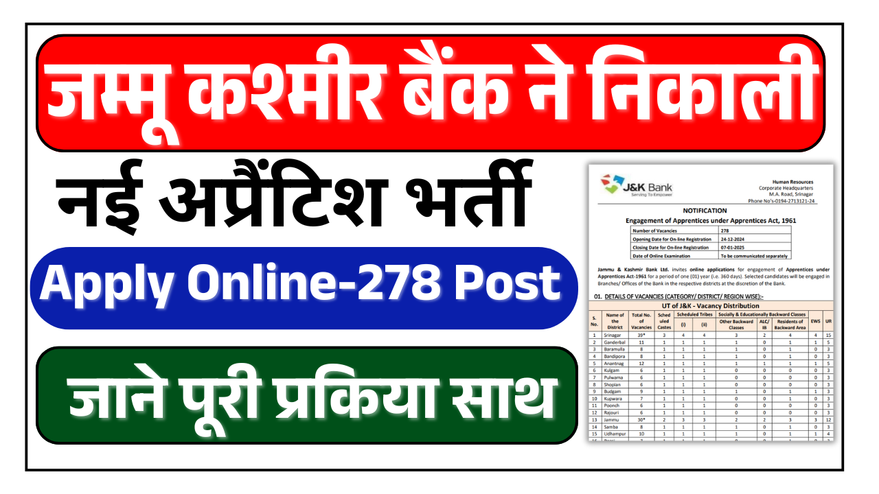 JK Bank Apprentice Recruitment 2024: जम्मू कश्मीर बैंक ने निकाली नई अप्रैंटिश भर्ती, जाने पूरी प्रकिया (Last Date) – ashokaonlinecenter.in
