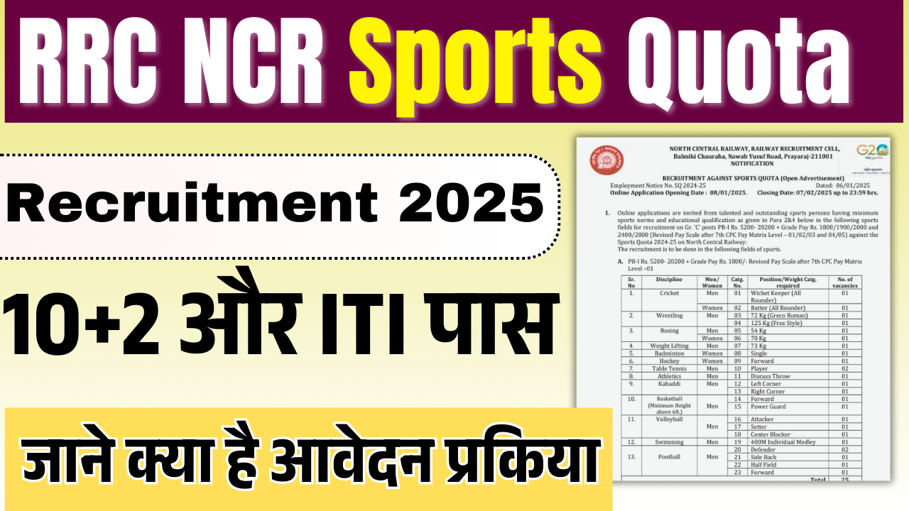 RRC NCR Sports Quota Recruitment 2025: 10वीं पास के लिए निकली ग्रुप C की नई भर्ती जानें पूरी जानकारी – ashokaonlinecenter.in