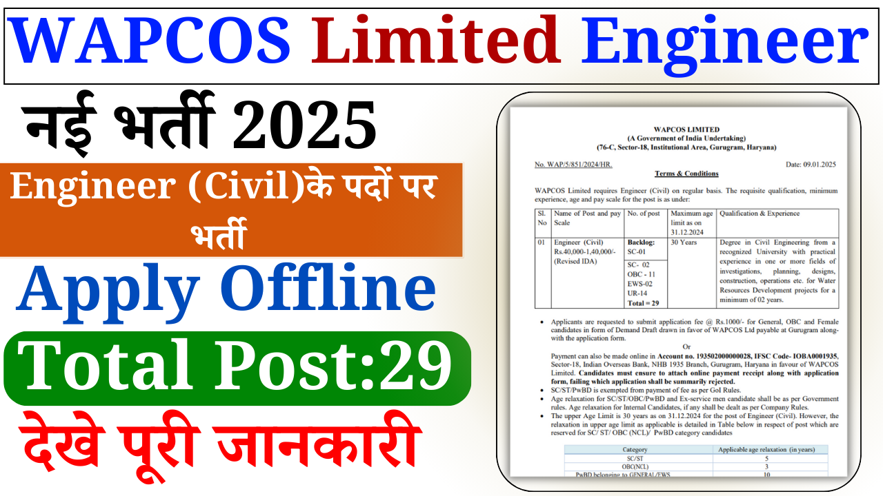 WAPCOS Limited Engineer Recruitment 2025: Apply Offline, For 29 Post  – ashokaonlinecenter.in