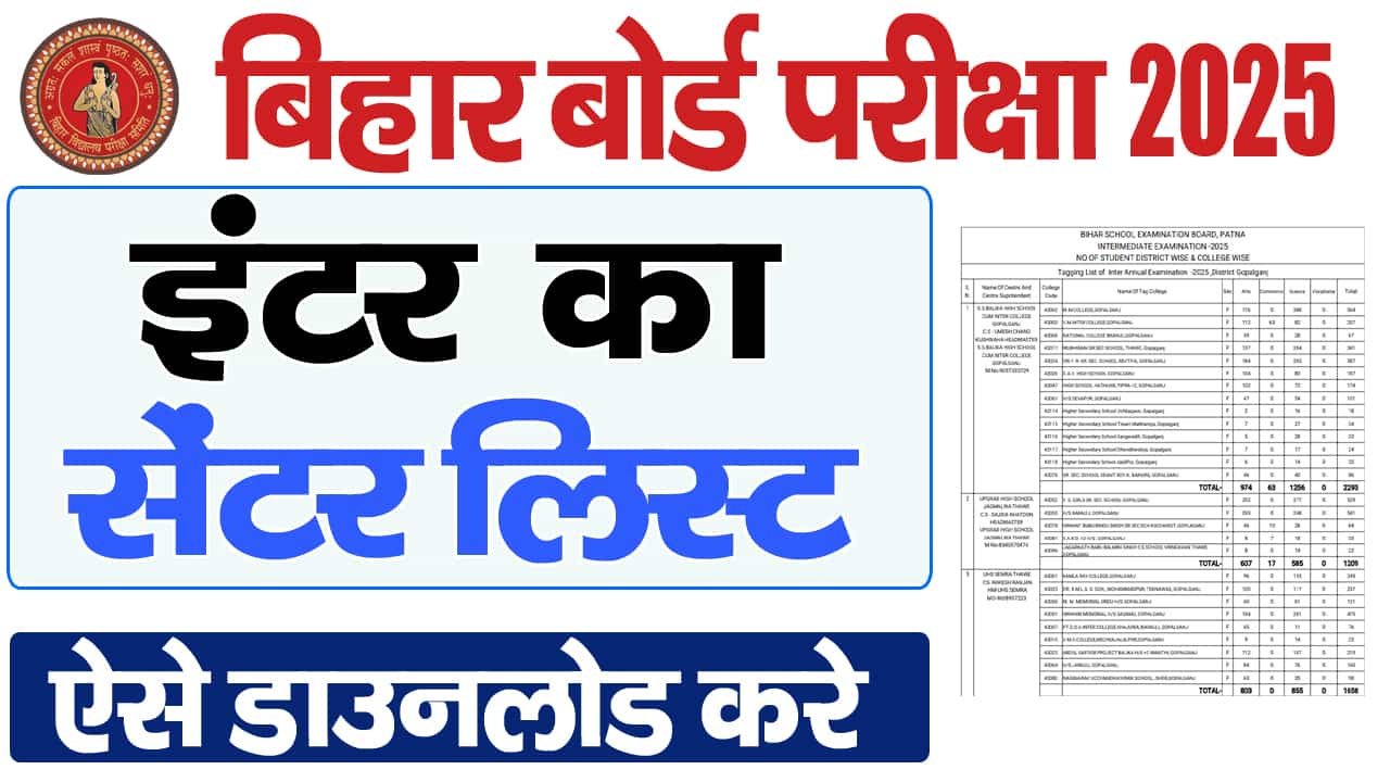 बिहार बोर्ड 12वीं परीक्षा केंद्र सूची 2025 पीडीएफ डाउनलोड: बिहार बोर्ड इंटर परीक्षा 2025 की केंद्र सूची जारी, सभी जिलों के लिए यहां से डाउनलोड करें।