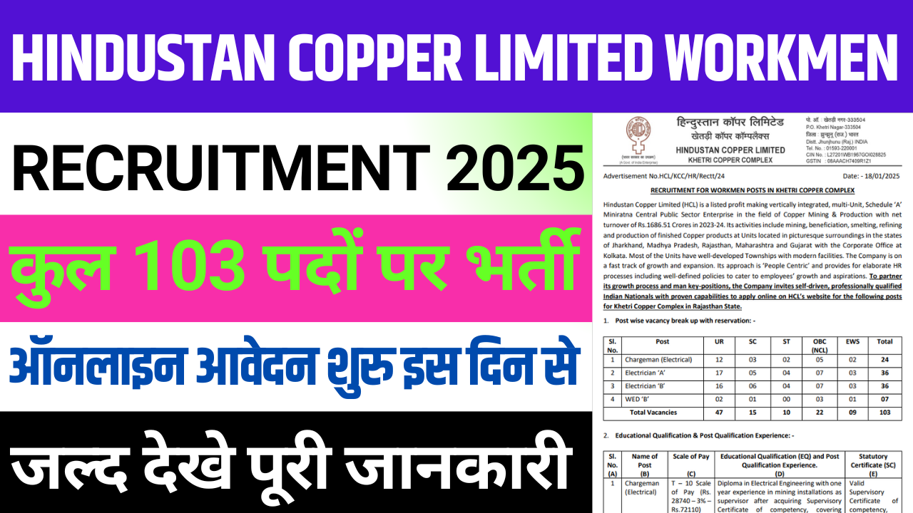 Hindustan Copper Limited Workmen Recruitment 2025: Apply Online, For 103 Post – ashokaonlinecenter.in