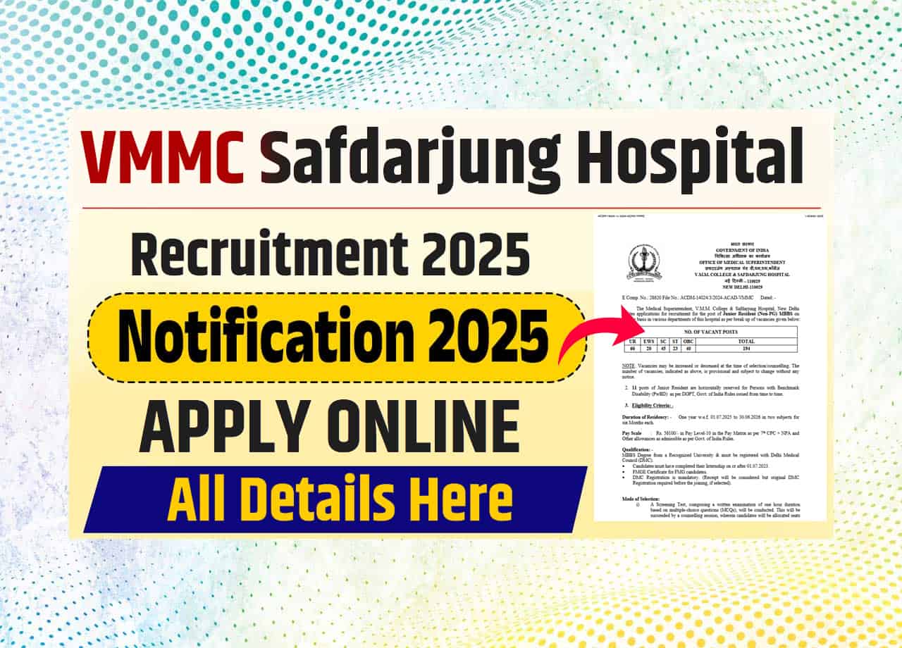 VMMC Safdarjung Hospital Recruitment 2025 Official Notification Out For 194 Junior Resident Posts