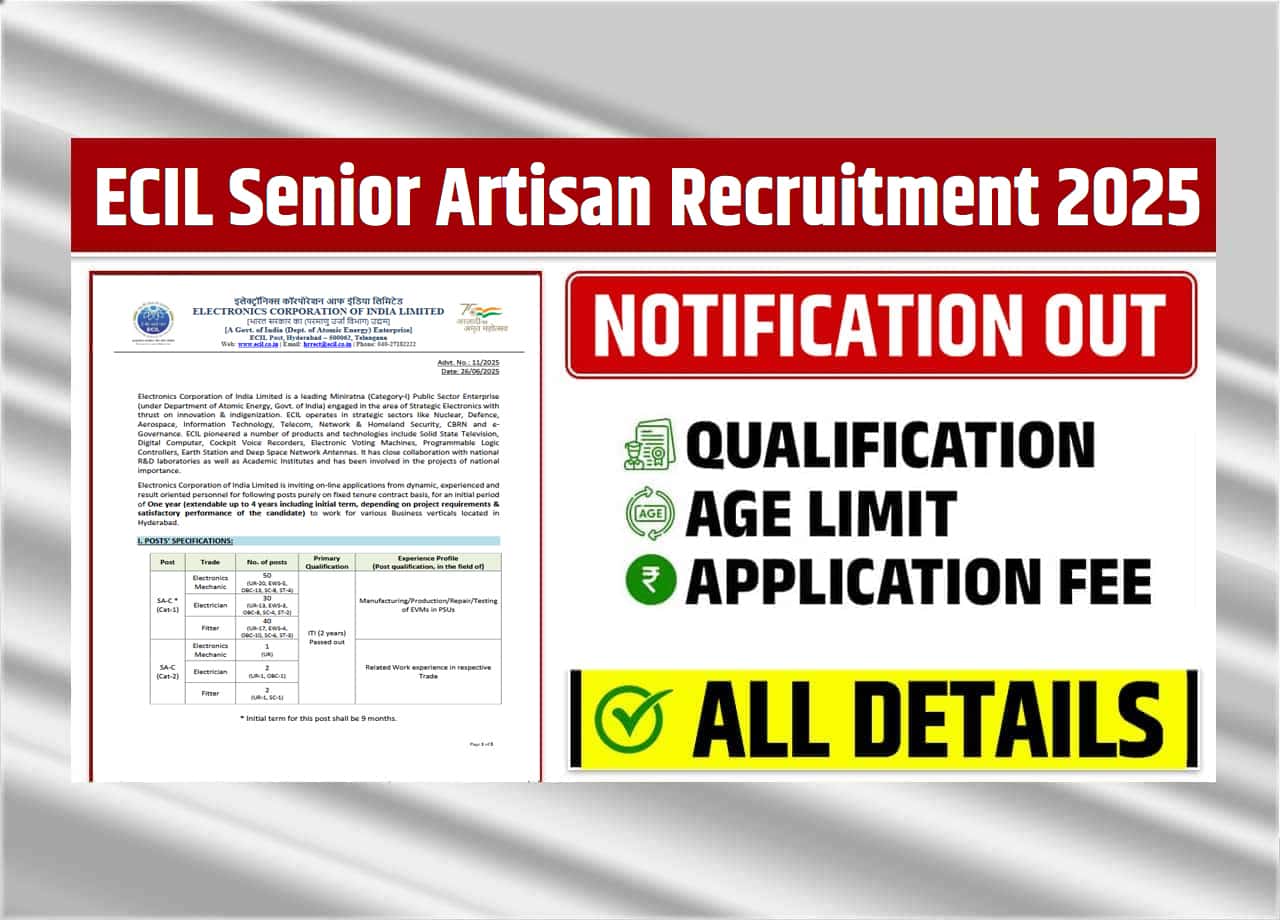 ECIL Senior Artisan Recruitment 2025: Apply Online For 125 Posts In Electronics, Fitter & Electrician Trades