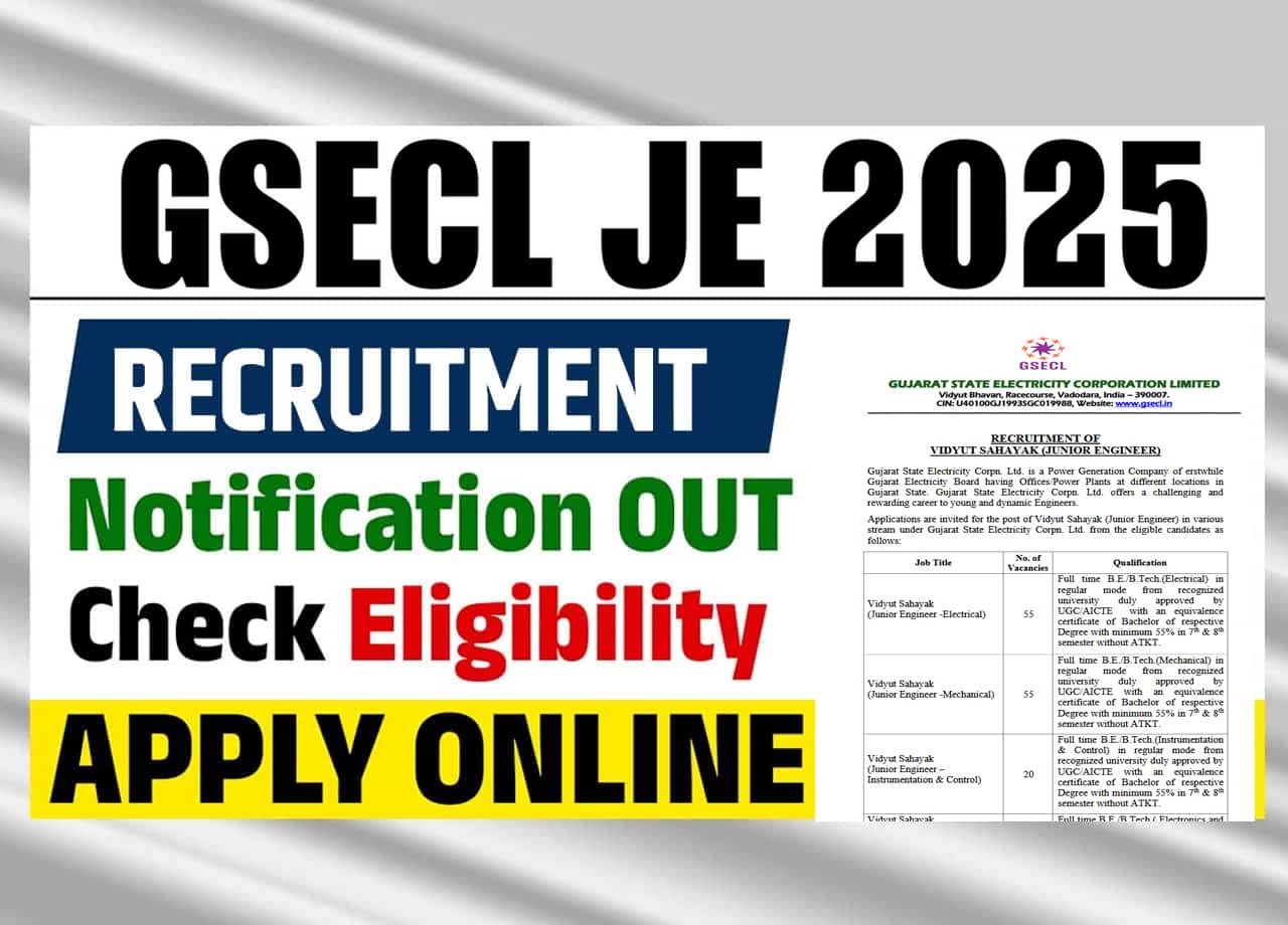 GSECL JE Recruitment 2025 – Check Eligibility, Selection Process And Apply Online For 135 Posts