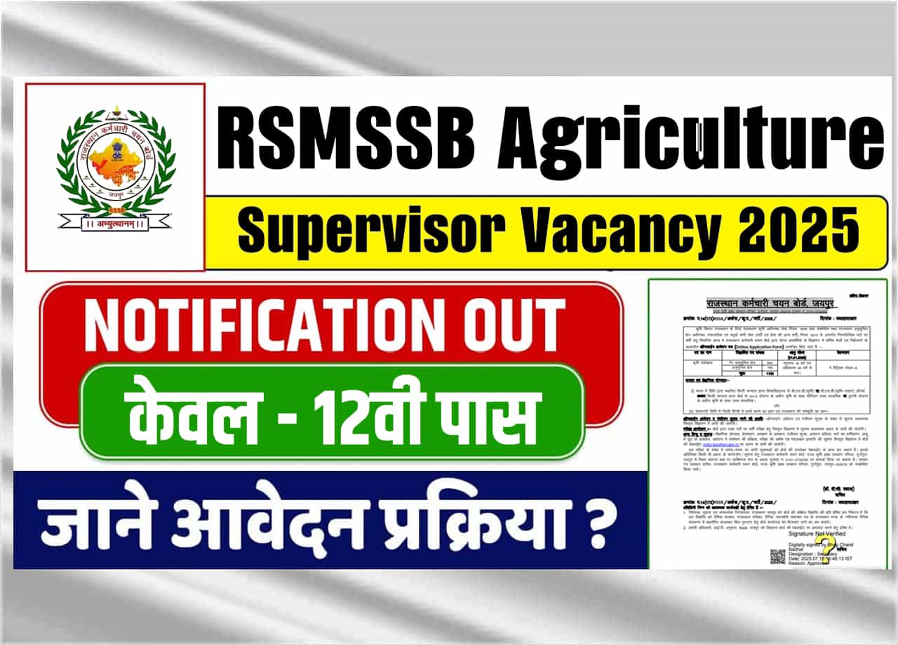 RSMSSB Agriculture Supervisor Vacancy 2025: 12वीं पास एग्रीकल्चर सुपरवाईजर की भर्ती का शॉर्ट नोटिस हुआ जारी, जाने पूरी भर्ती, आवेदन प्रक्रिया और सेलेक्शन प्रोसेस?