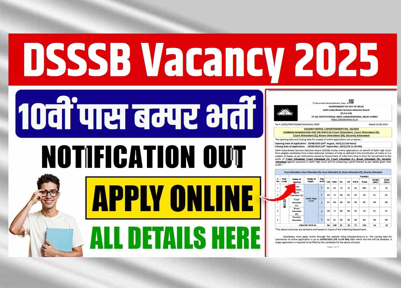 DSSSB Vacancy 2025: Apply Online For 334 Court Attendant, Room Attendant & Security Attendant Posts – Eligibility, Fees & Last Date